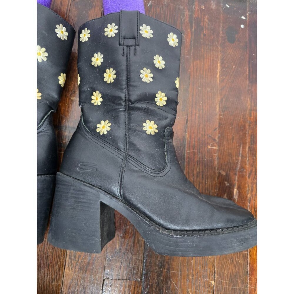 Vintage 90s Y2K Black Daisy Sketchers Grunge Mid-Calf Boots - Picture 9 of 16